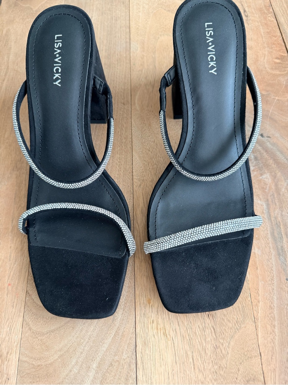 Lisa Vicky Black Block Heel Sandals with Silver Rhinestone Straps